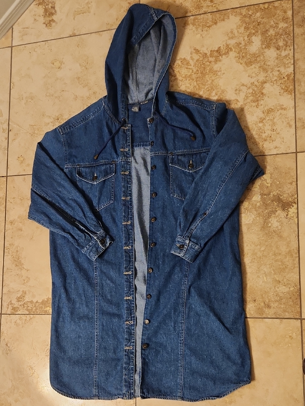 Lizwear Vintage Denim Jean Button Front Hooded Long Line Jacket 